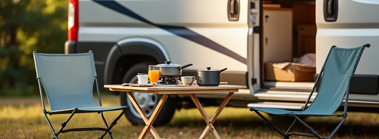 Campingtisch mit Stühlen und Kochgeschirr vor einem Kastenwagen im Abendlicht