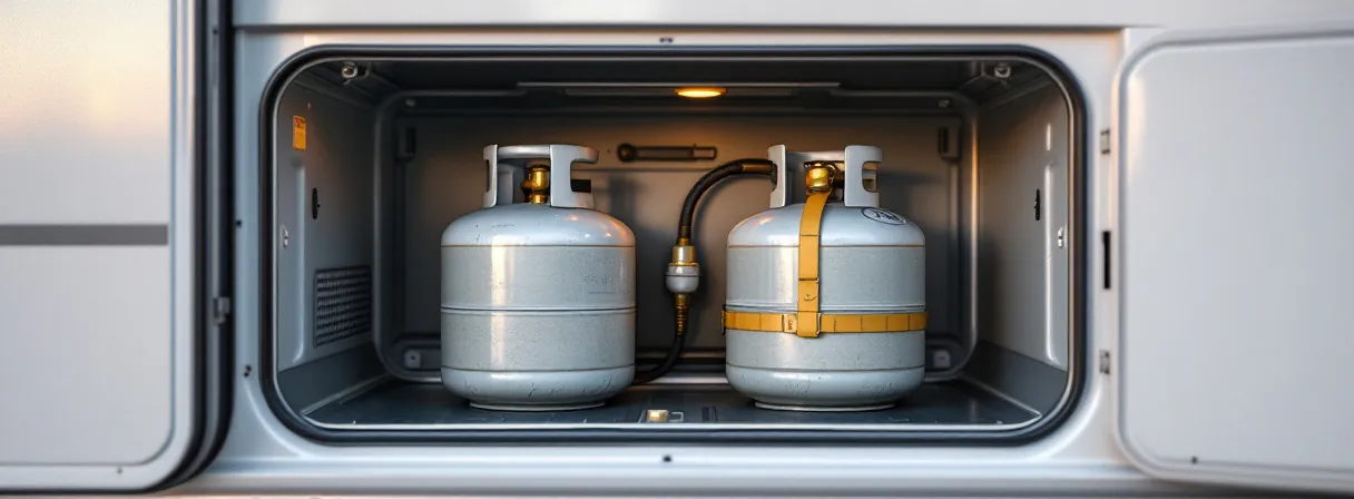Geöffneter Gaskasten eines Wohnmobils mit zwei gesicherten grauen Gasflaschen