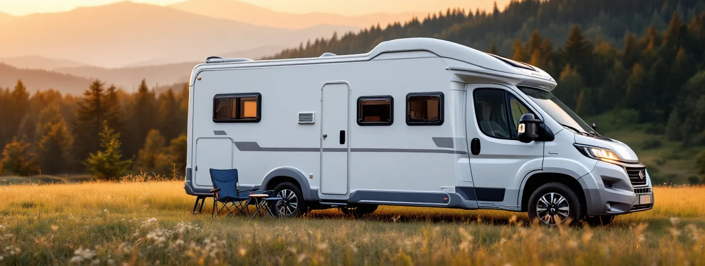 Wohnmobil bei Sonnenuntergang auf einem Stellplatz mit Campingstühlen davor