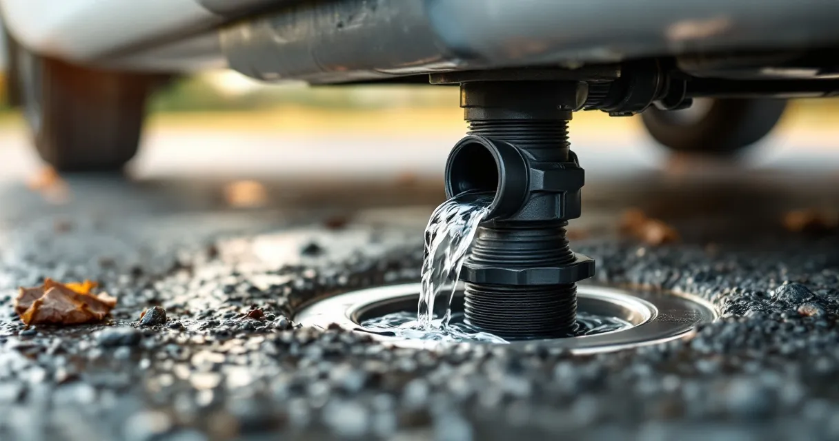 Geöffnetes Grauwasser-Ablassventil unter einem Wohnmobil, Wasser läuft in eine Bodenrinne