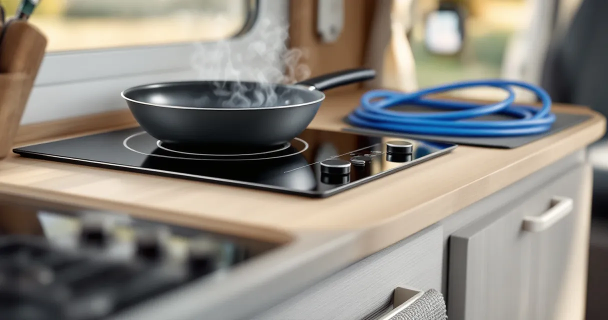 Induktionskochplatte mit Pfanne auf einer Wohnmobil-Arbeitsfläche, CEE-Kabel im Hintergrund