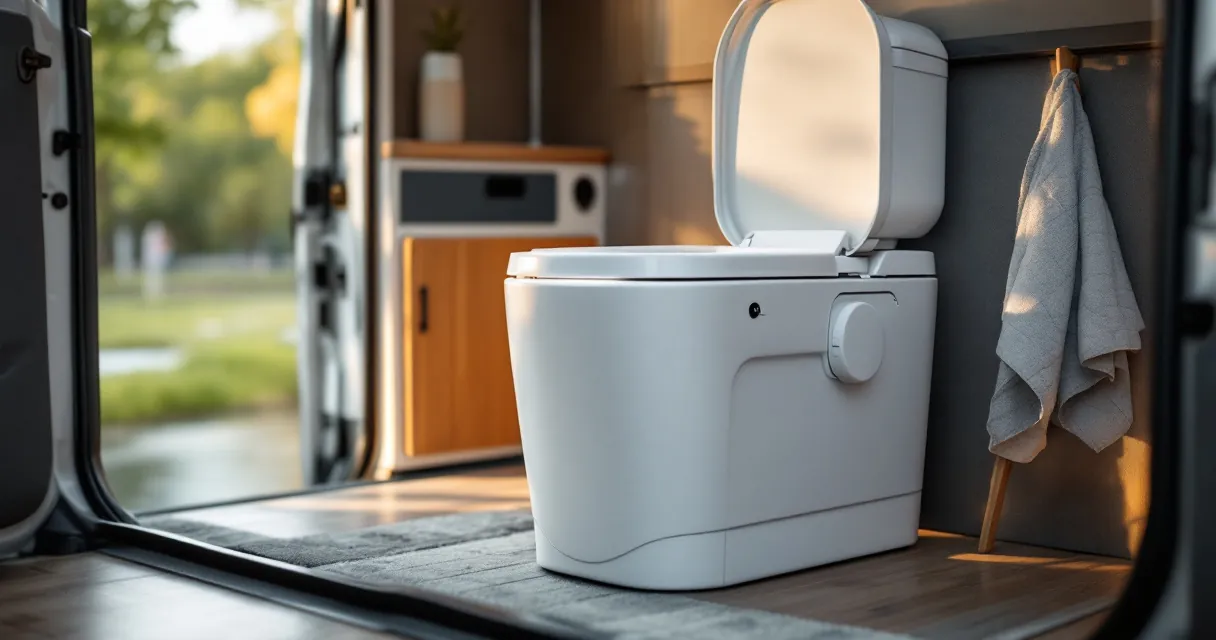 Tragbare Campingtoilette im Heck eines Kastenwagens
