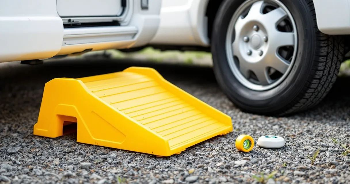 Zwei gelbe Auffahrkeile, eine kleine Wasserwaage und Unterlegkeile vor dem Vorderrad eines Wohnmobils