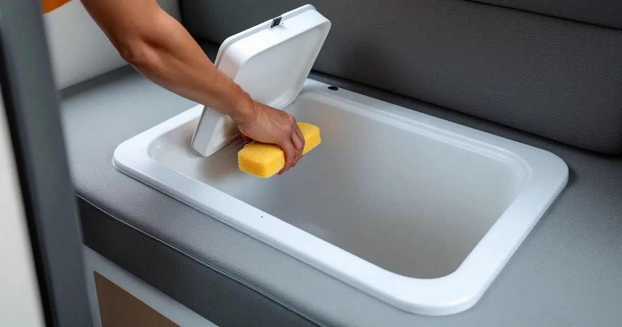 Hand mit Schwamm reinigt die Innenwand eines geöffneten Kunststoff-Wassertanks