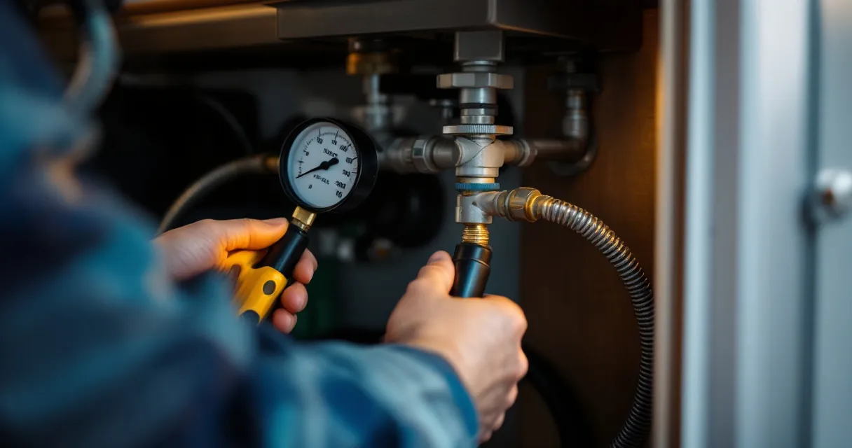 Prüfer schließt ein Druckmessgerät an die Gasleitung im Gaskasten eines Wohnmobils an
