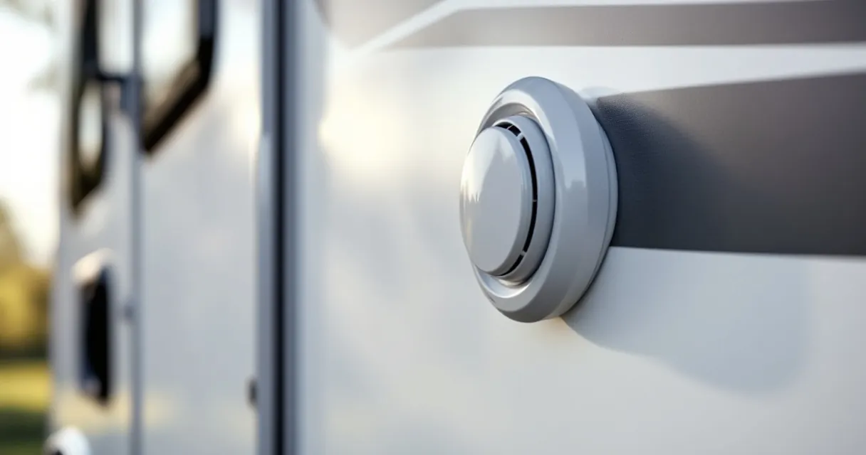 Heizungskamin auf der Außenwand eines Wohnmobils in Nahaufnahme