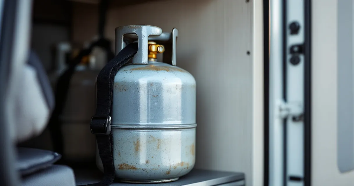 Gasflasche im Gaskasten mit Spanngurt an der Wand befestigt, Nahaufnahme der Halterung