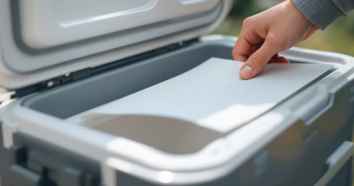 Finger prüft die Gummidichtung am Deckel einer Kühlbox, ein Blatt Papier klemmt im Spalt