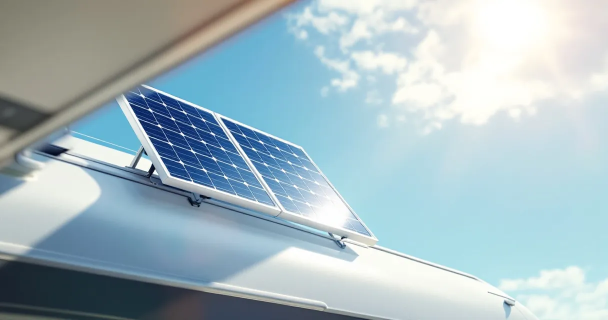Solarmodul auf dem Dach eines Wohnmobils im Sonnenlicht, daneben eine Dachluke