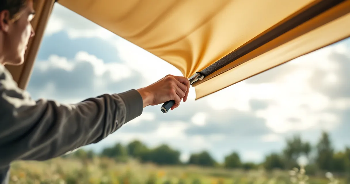 Person holt bei aufziehendem Wind die Markise eines Wohnmobils ein