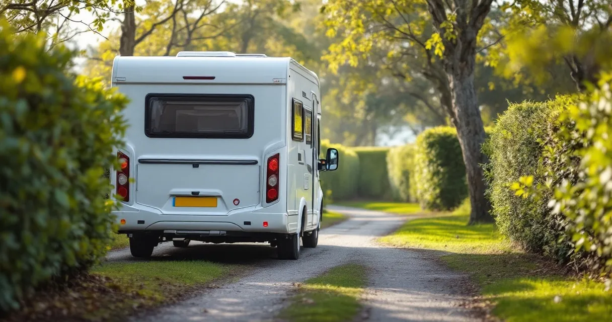 Wohnmobil rangiert rückwärts auf einen engen Campingstellplatz zwischen Hecken, Blick von hinten