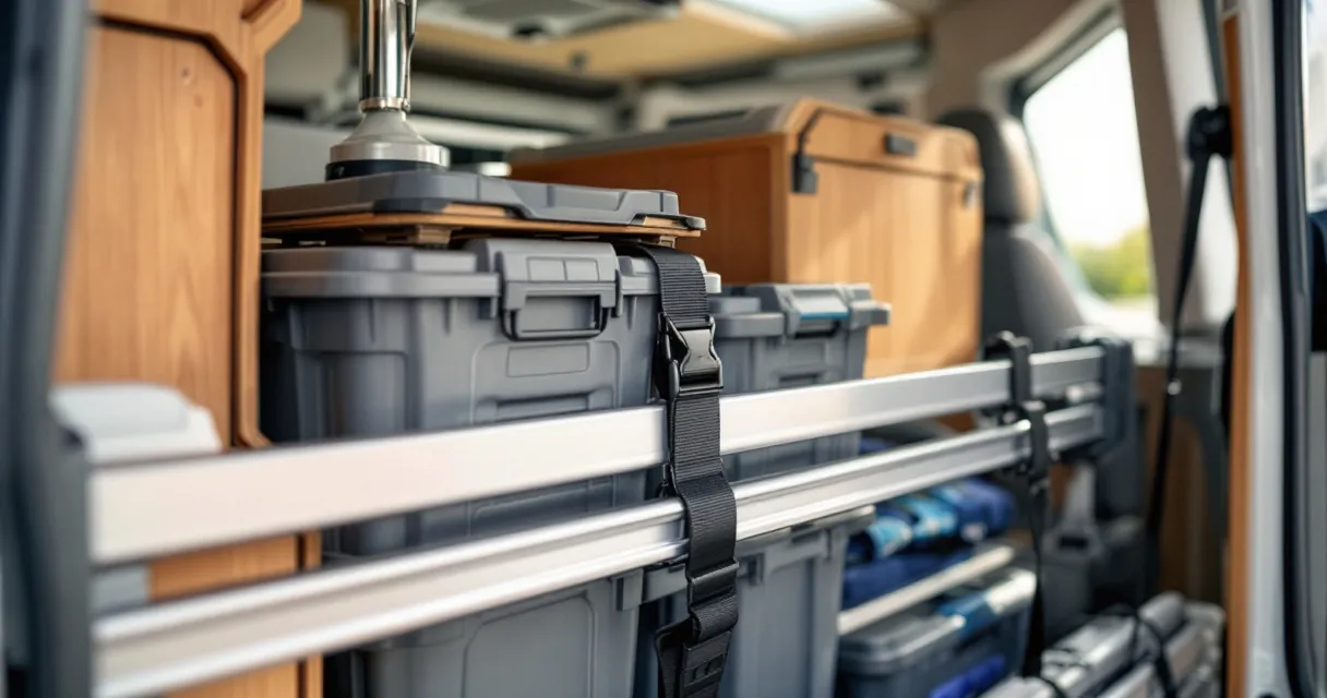 Zurrgurt an einer Airline-Schiene in der Heckgarage hält mehrere stabile Boxen