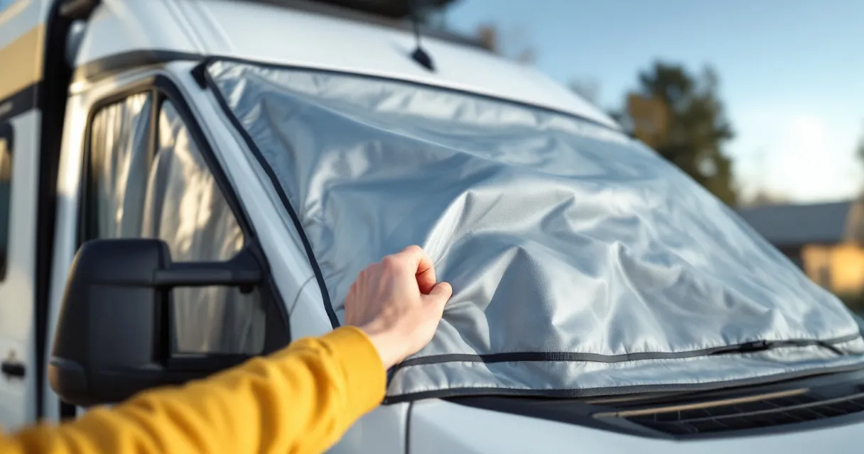 Hand klemmt die Lasche einer Außen-Thermomatte in die Fahrerhaustür eines Kastenwagens