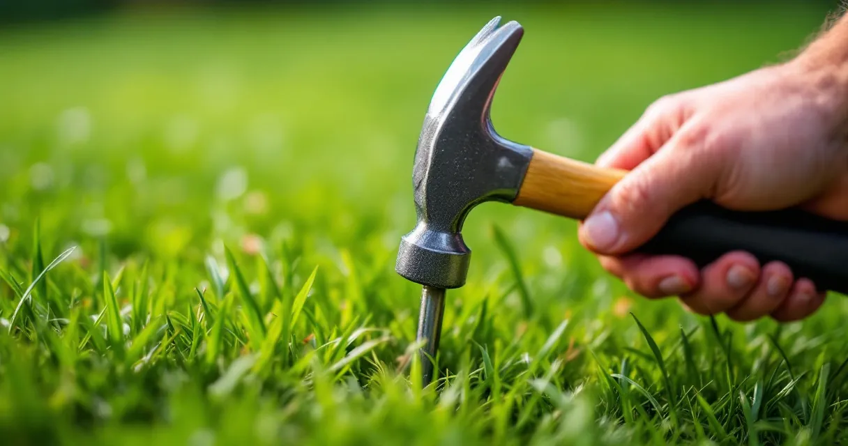Hand schlägt mit einem Hammer einen Hering in eine Wiese
