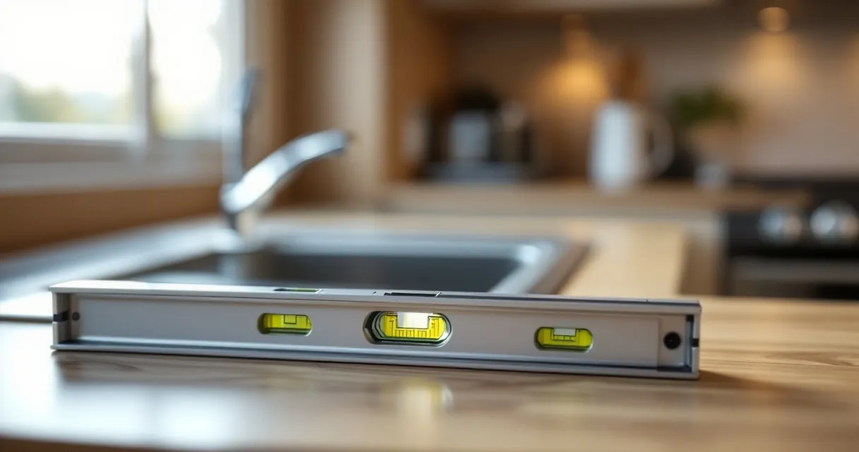 Wasserwaage liegt auf der Arbeitsplatte einer Wohnmobilküche