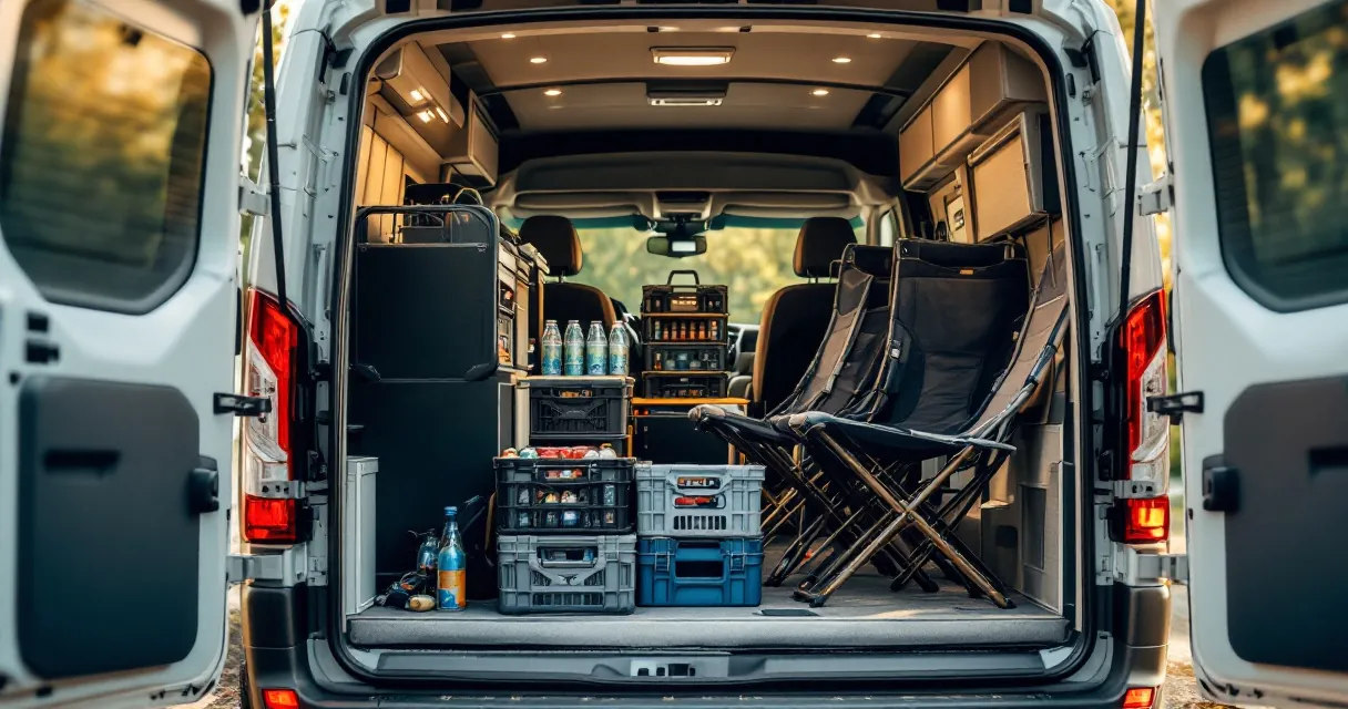 Voll beladene Heckgarage eines Wohnmobils mit Getränkekisten, Werkzeugkoffer und Campingmöbeln