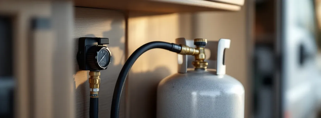 Gasdruckregler mit Schlauch auf einer grauen Gasflasche in einem Wohnmobil-Gaskasten