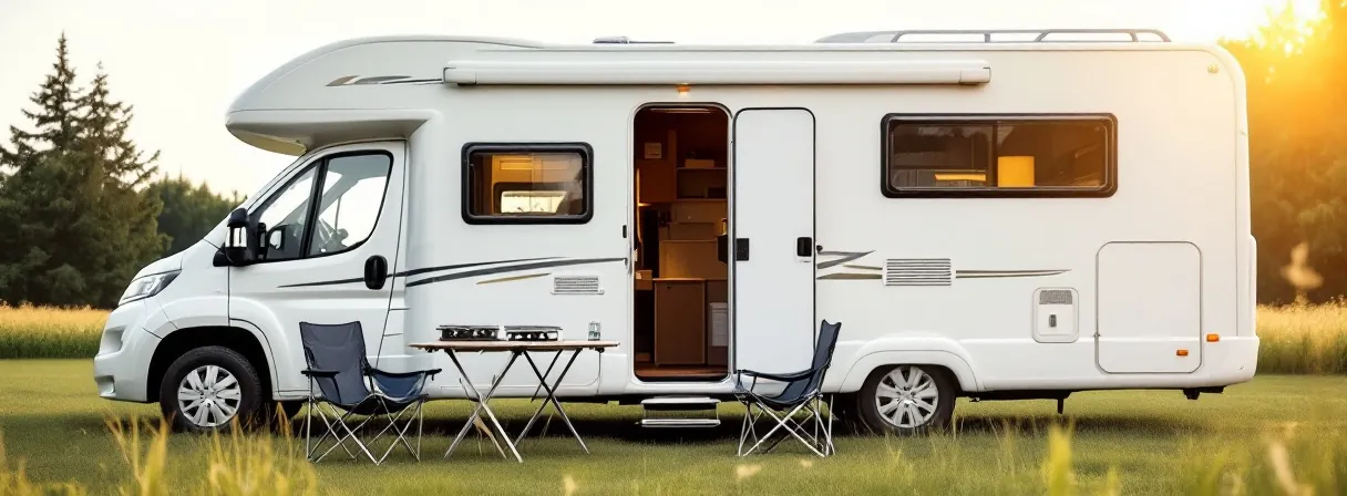 Campingtisch mit zwei Stühlen und einem Gaskocher vor einem Wohnmobil auf einer Wiese