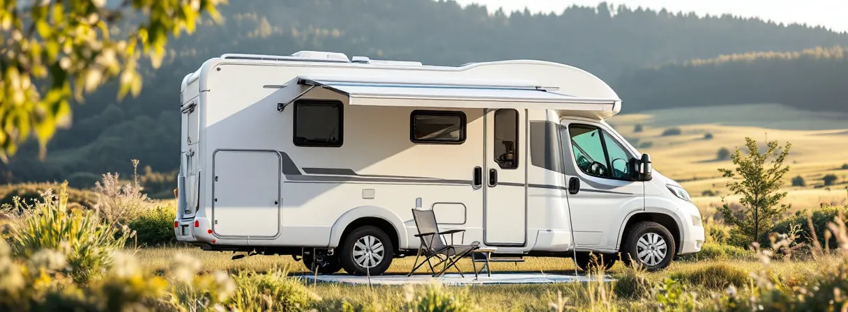 Wohnmobil mit ausgefahrener Markise und heruntergelassener Vorderwand als Sonnenschutz am Nachmittag